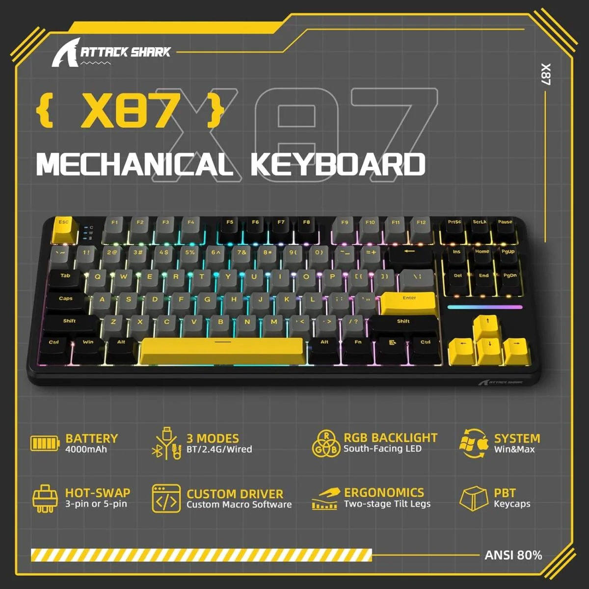 ATTACK SHARK X87 75% TKL Wireless Mechanical Gaming Keyboard, RGB, Star Black - Image 3