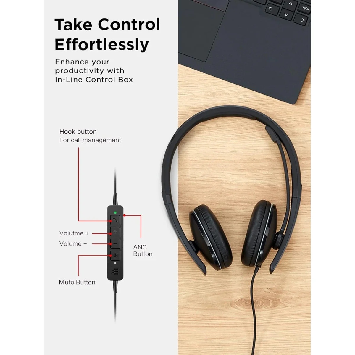 سماعة رأس أعمال سلكية Lenovo بإلغاء الضوضاء النشط ANC USB-C وUSB-A، معتمدة من Zoom، 145 غ - Thumbnail 7