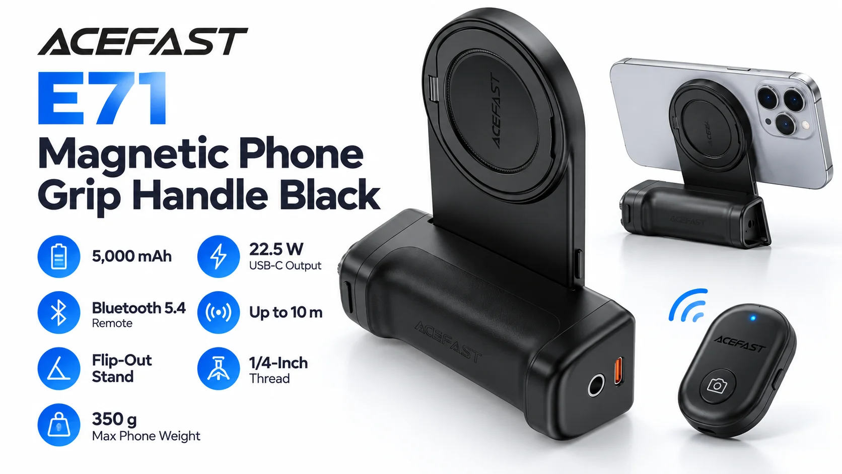 مقبض تصوير مغناطيسي للموبايل ACEFAST E71 مع باور بانك 5000mAh بقدرة 22.5W - أسود - Image 9