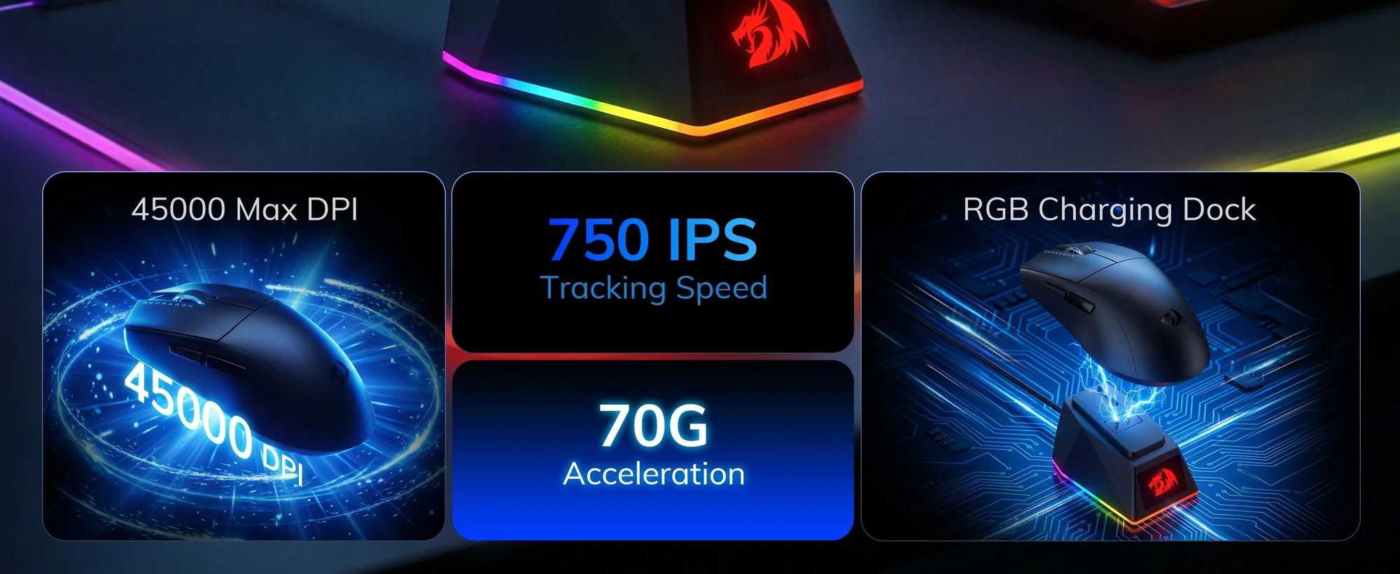 ماوس ألعاب Redragon K1NG M999 لاسلكي فائق الخفة ثلاثي الاتصال مع قاعدة شحن RGB، أسود، 45000 DPI - Thumbnail 10