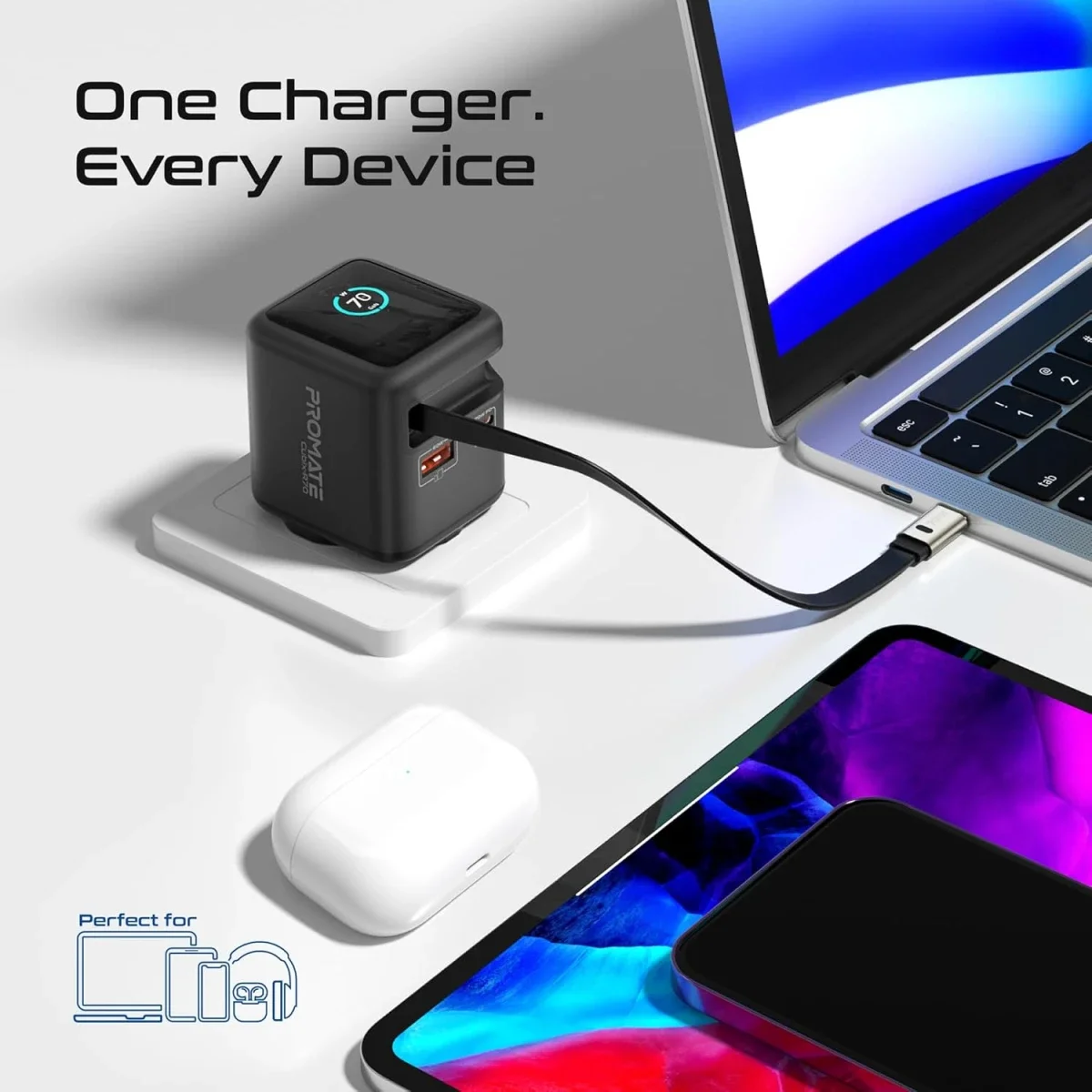 شاحن Promate Cubix-R70 GaNFast بقدرة 70 واط مع كابل USB-C قابل للسحب بطول 80 سم - Thumbnail 2