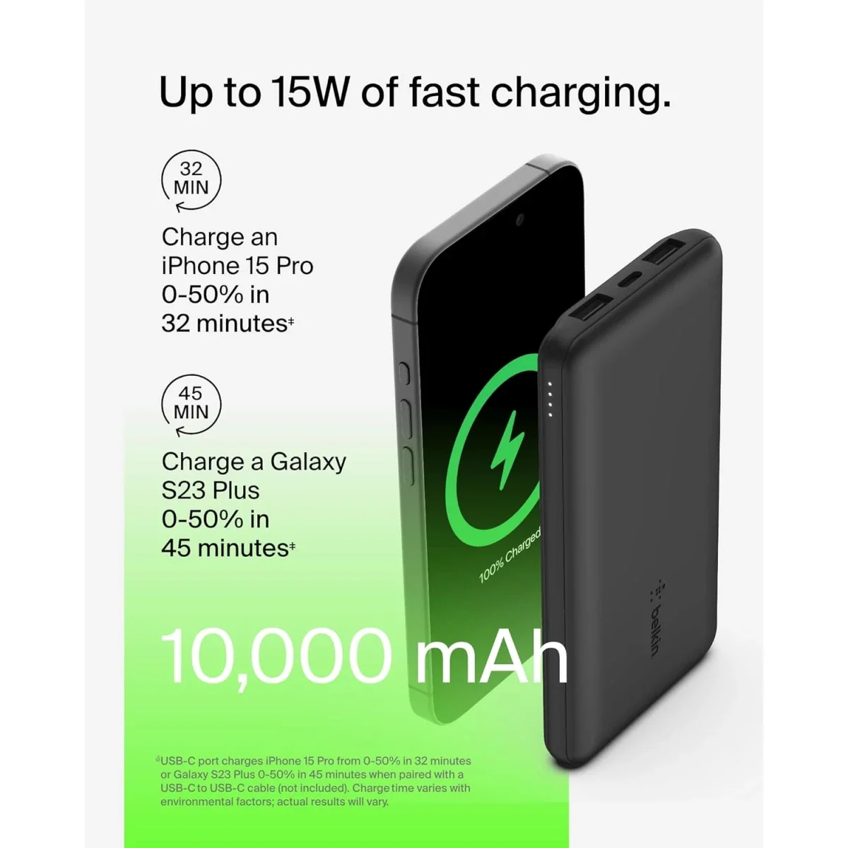 Belkin BoostCharge 10,000mAh USB-C Power Bank with 2 USB-A Ports, 15W - Black - Thumbnail 2