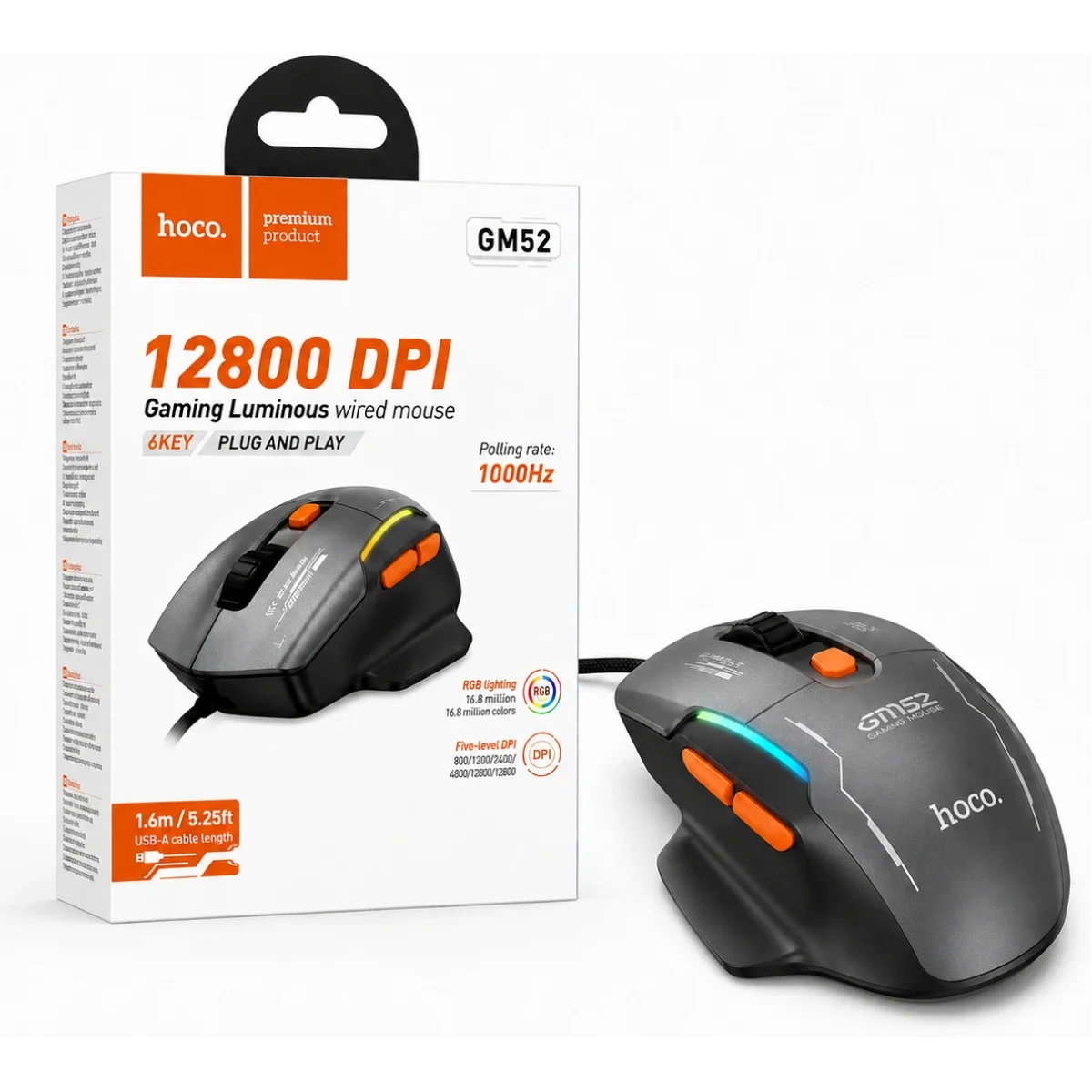 ماوس ألعاب سلكي HOCO GM52 بدقة 12800 DPI ومعدل 1000Hz و6 أزرار أسود/برتقالي