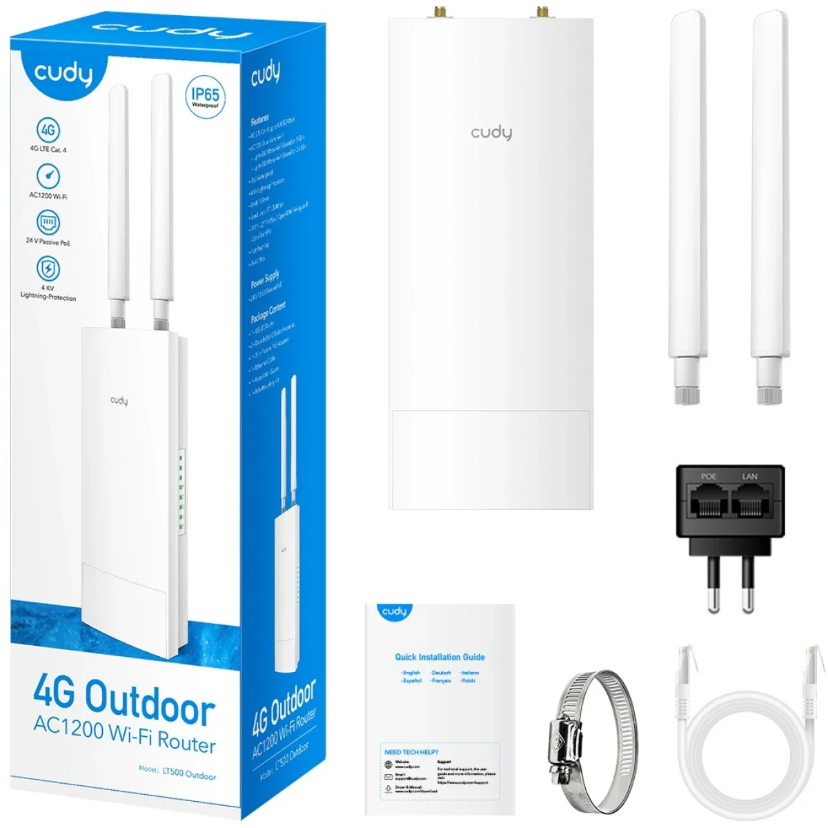 CUDY LT500 Outdoor 4G LTE Cat 4 AC1200 Modem Router with SIM Slot, IP65 and PoE