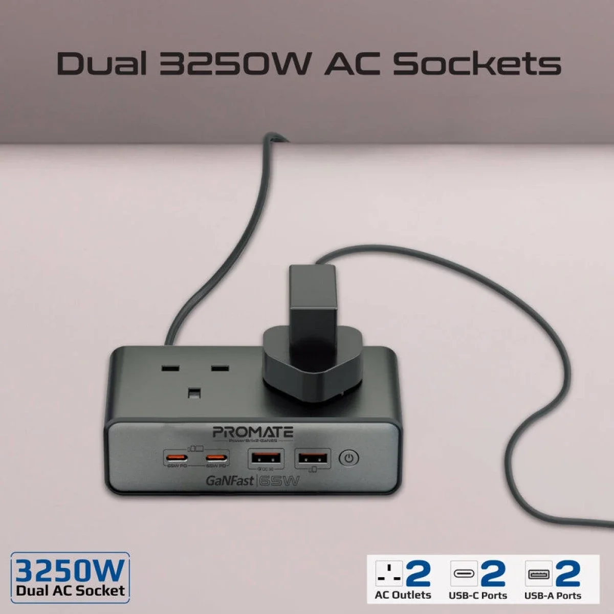 محطة شحن Promate PowerBrix2-GaN65 بتقنية GaN بقدرة 65 واط ومقبسي AC مزدوجين، أسود - Thumbnail 6