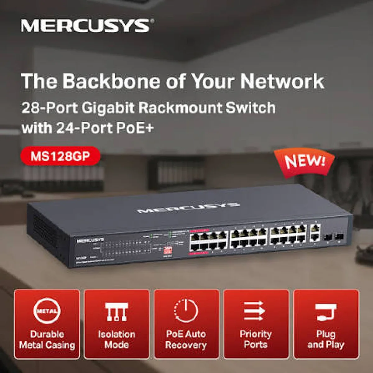 MERCUSYS MS128GP 28-Port Gigabit Rackmount Switch, 24-Port PoE+, 295W Budget, 2x Gigabit Uplink, 2x SFP, 802.3af/at, Isolation Mode, Plug & Play, Metal Case - Image 6
