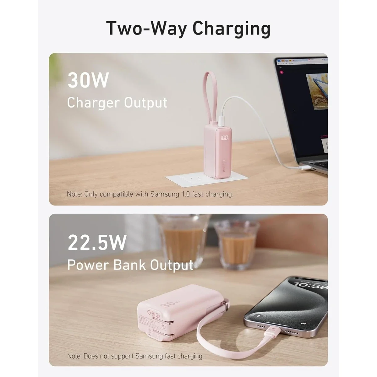 باور بانك Anker A1636H11 سعة 5000mAh 3 في 1 مع كابل USB-C مدمج وقابس AC قابل للطي وشحن 30W - أسود - Thumbnail 5