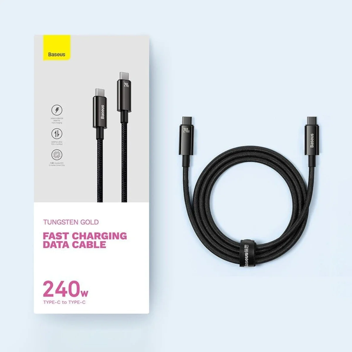 كابل Baseus Tungsten Gold USB-C إلى USB-C للشحن السريع ونقل البيانات 240W بطول 3 متر أسود - Thumbnail 9