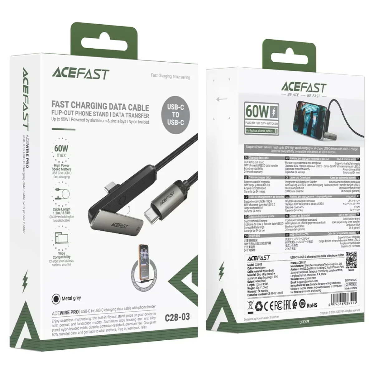 ACEFAST C28-03 60W USB-C to USB-C Charging & Data Cable with Flip-Out Stand, Metal Grey - Image 8