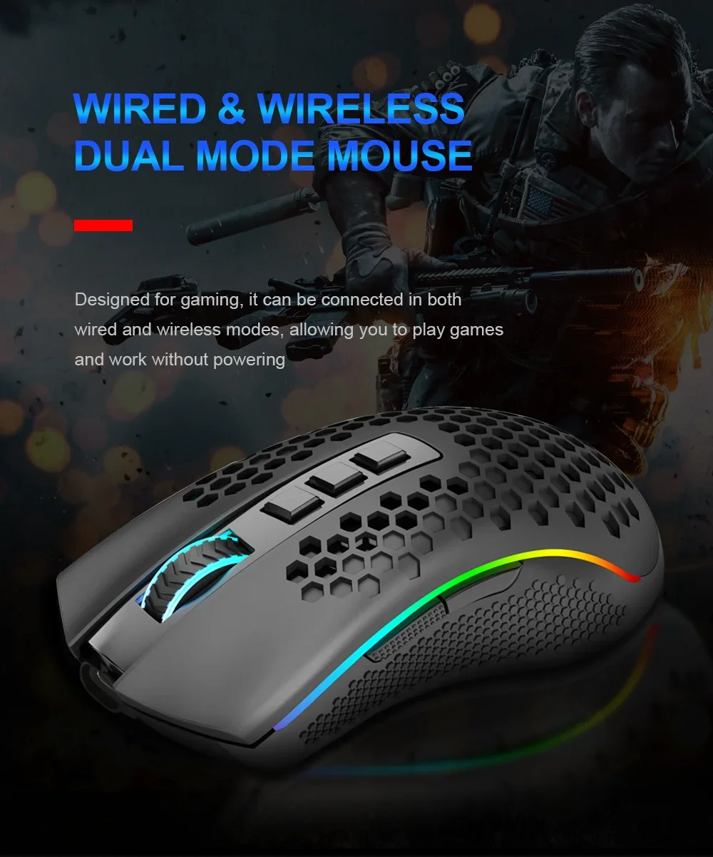 Redragon M808 Storm Pro Wireless RGB Honeycomb Gaming Mouse, 16,000 DPI, Black - Thumbnail 10