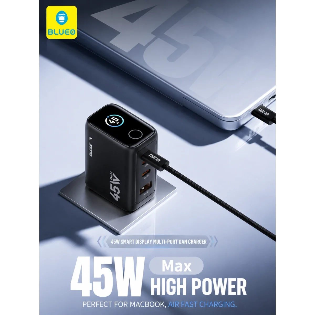 شاحن جداري BLUEO LC013 Mr. Gorilla بقدرة 45 واط بتقنية GaN وشاشة ذكية - أسود - Image 6