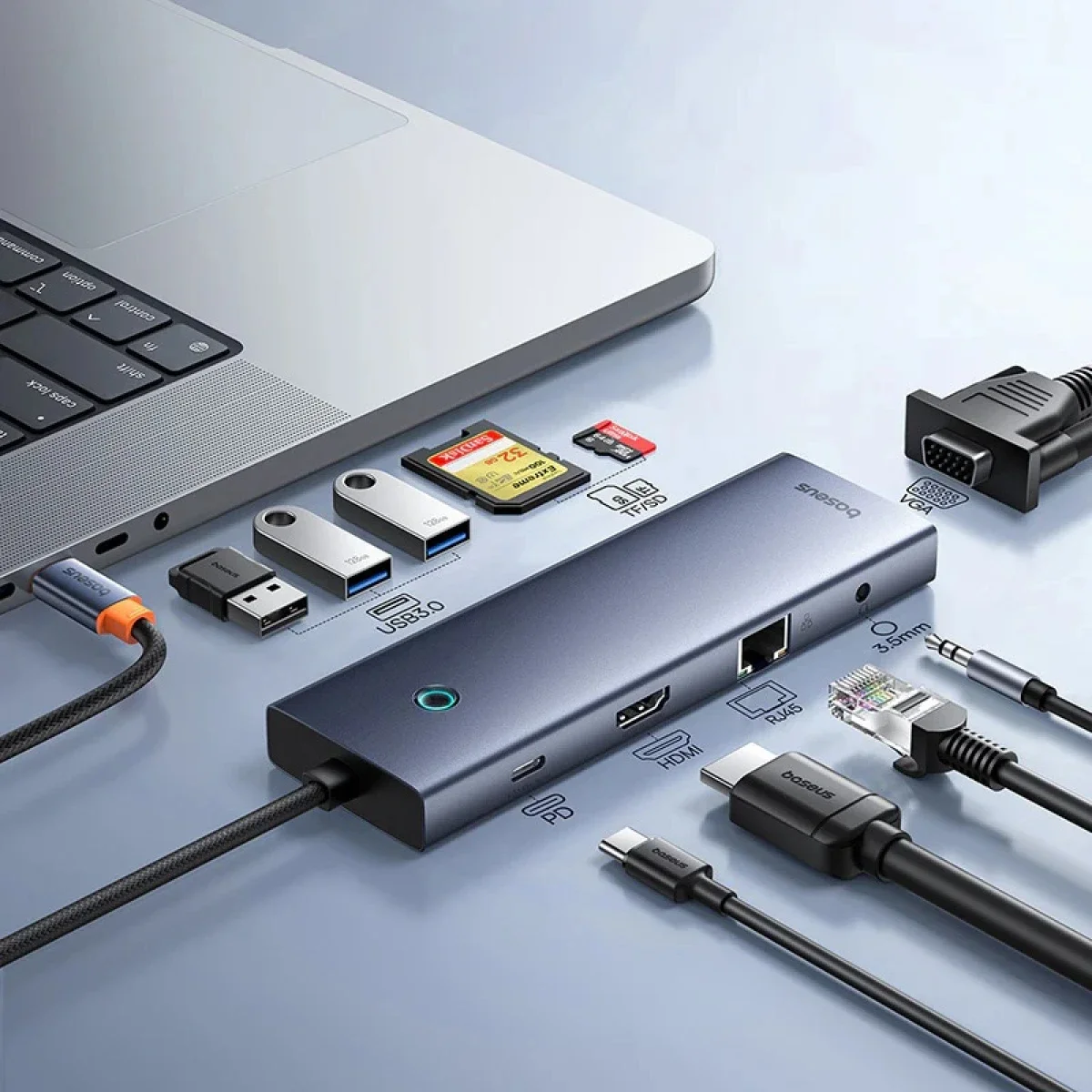 Baseus UltraJoy Series 10-Port USB-C Hub Docking Station with HDMI, VGA, 3x USB 3.0, PD, RJ45, SD/TF - Space Gray