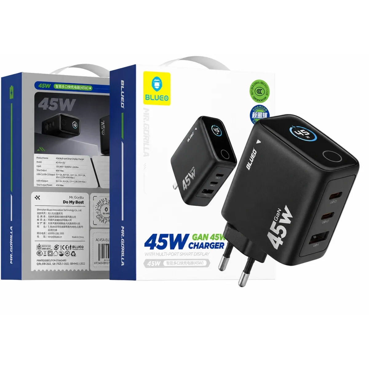 BLUEO Mr. Gorilla LC013 45W GaN Smart Display Wall Charger - Black