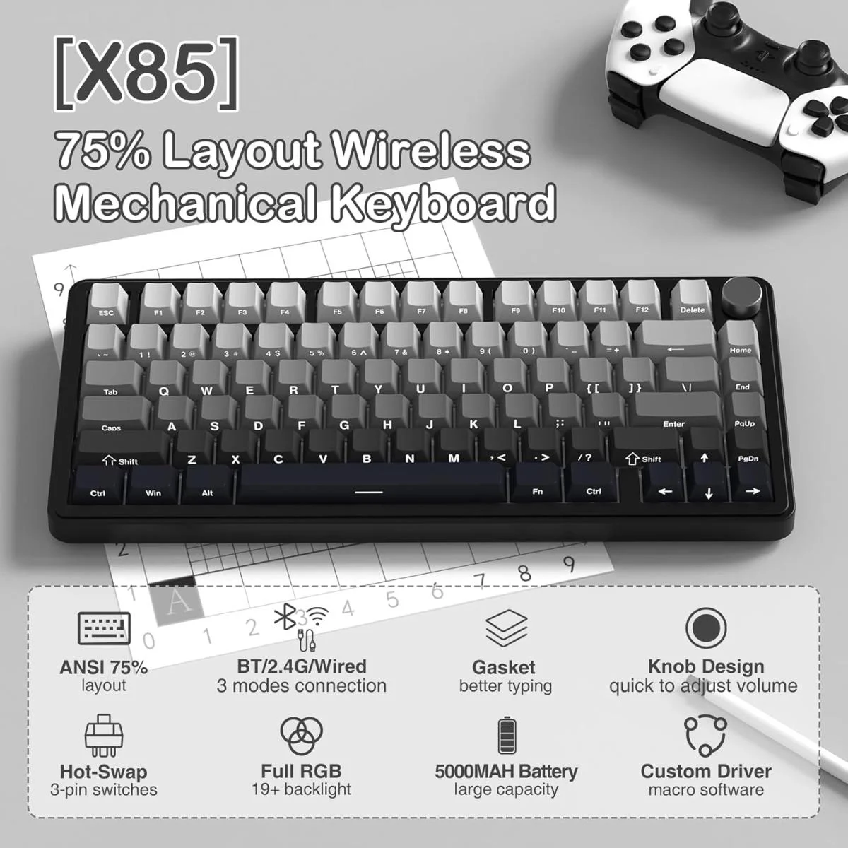 ATTACK SHARK X85 Wireless 75% Mechanical Gaming Keyboard, Gradient Black - Image 3