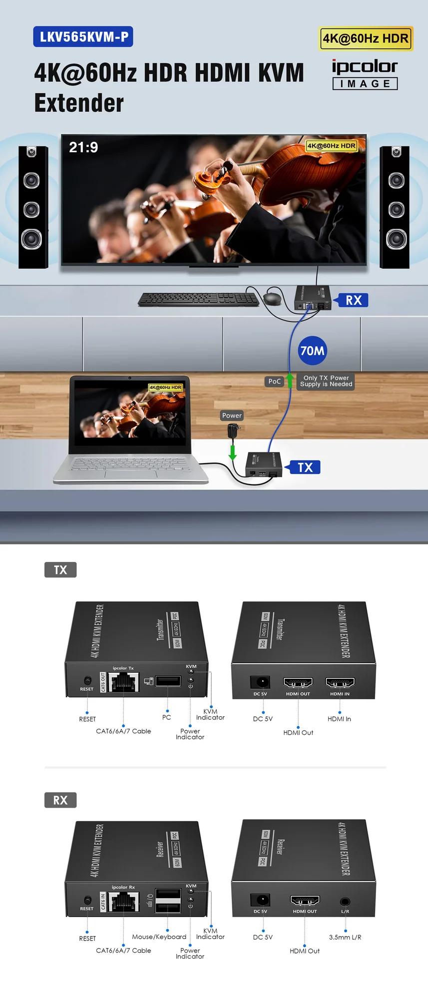 طقم موسع KVM Lenkeng LKV565KVM-P HDMI HDR بدقة 4K وتردد 60Hz حتى 70 متر - Thumbnail 7