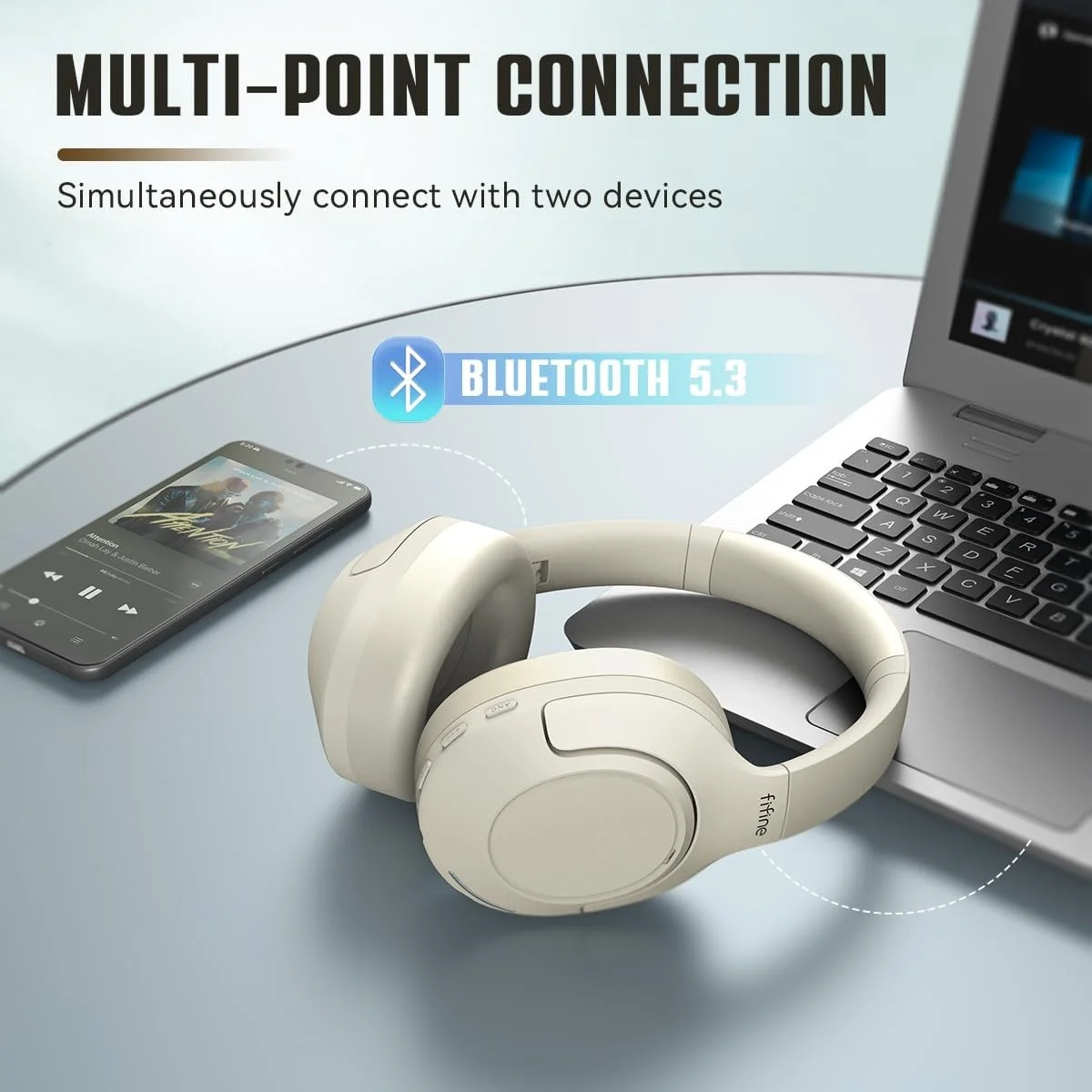سماعة رأس فوق الأذن FIFINE X3W لاسلكية مع إلغاء الضوضاء النشط وBluetooth 5.3 وميكروفون بوم قابل للفصل - أبيض - Image 2