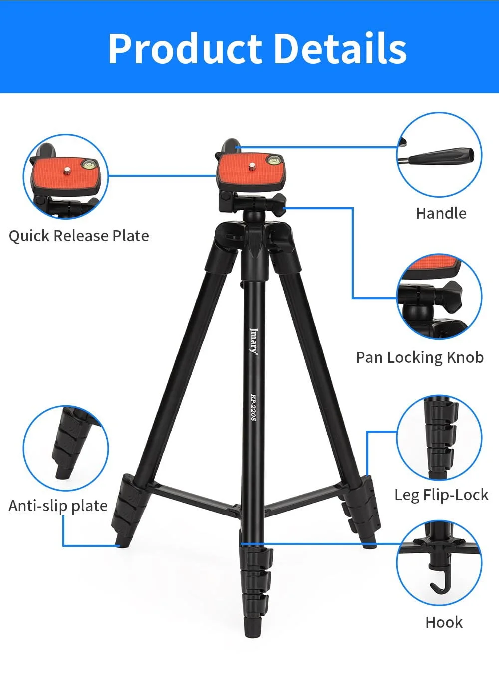 Jmary KP-2205 Professional Tripod with Mobile Holder - Thumbnail 7