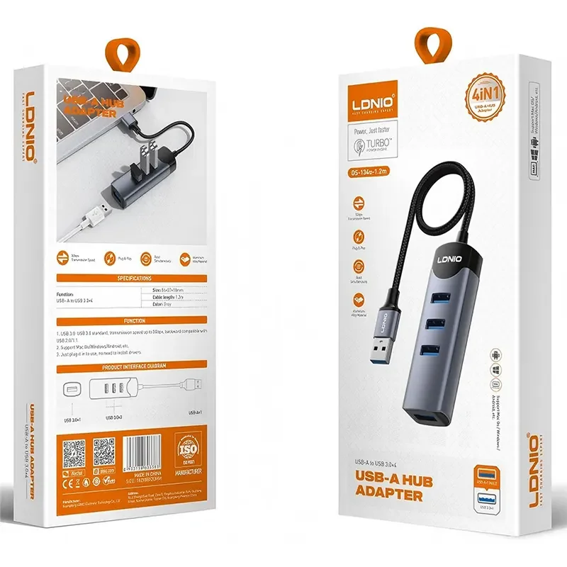 موزع USB LDNIO DS-134U-1.2M 4 في 1 بمدخل USB-A و4 منافذ USB 3.0، سرعة 5Gbps، كابل 1.2 متر، توصيل وتشغيل لأجهزة Mac وWindows وAndroid - Image 3