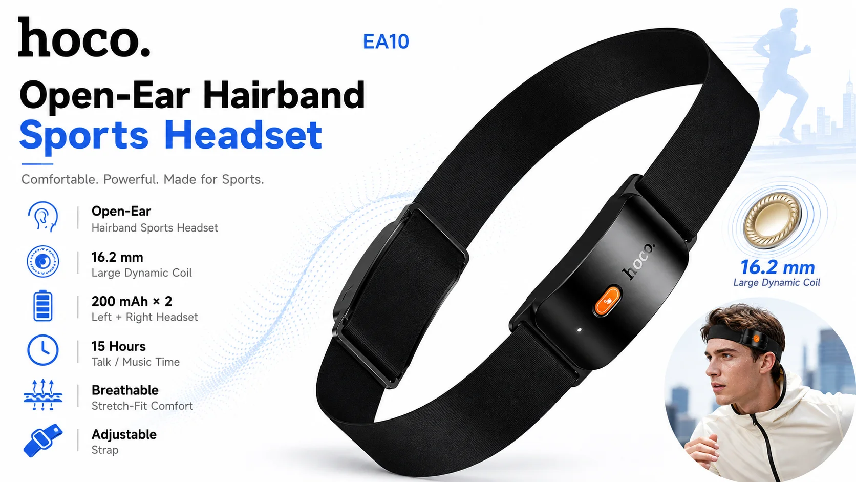 HOCO EA10 Open-Ear Hairband Sports Headset with 16.2mm Drivers - Black - Image 8