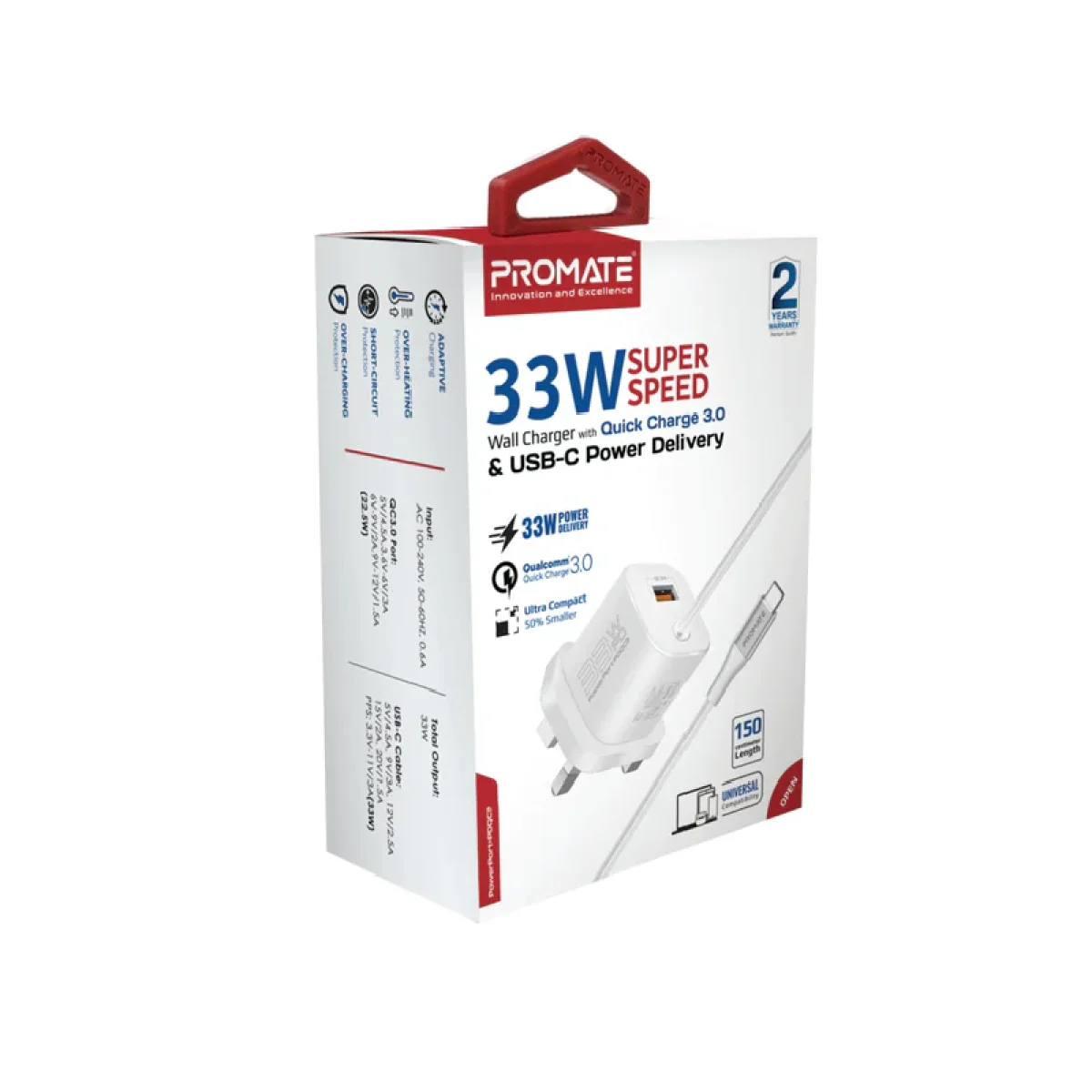 شاحن حائط Promate PowerPort-PDQC3 USB-C بقوة 33 واط مع QC 3.0 بقوة 22.5 واط وكابل Type-C بطول 1.5 متر - أبيض - Thumbnail 5