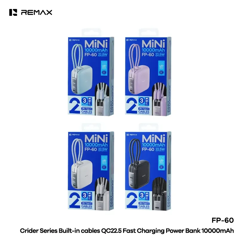 باور بانك Remax Lingpai FP-60 سعة 10000mAh بشحن QC بقدرة 22.5 واط وكابلات مدمجة - أبيض - Thumbnail 4