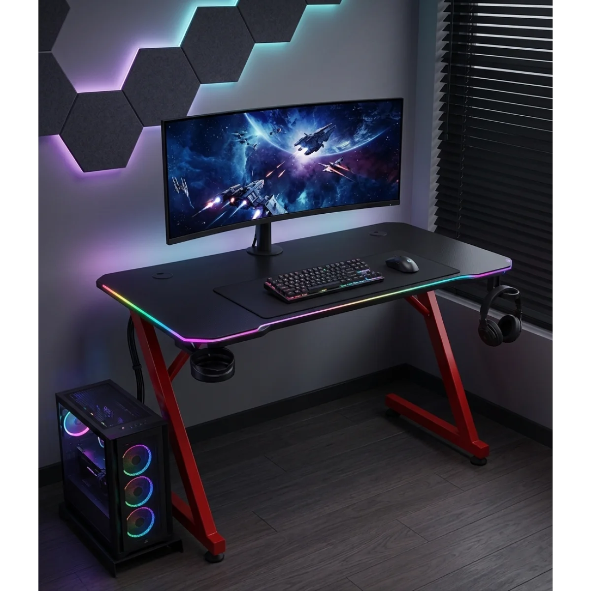 مكتب ألعاب Marvo DE-11 بإضاءة RGB وسطح 120 سم بتصميم ألياف الكربون وهيكل فولاذي، أسود وأحمر