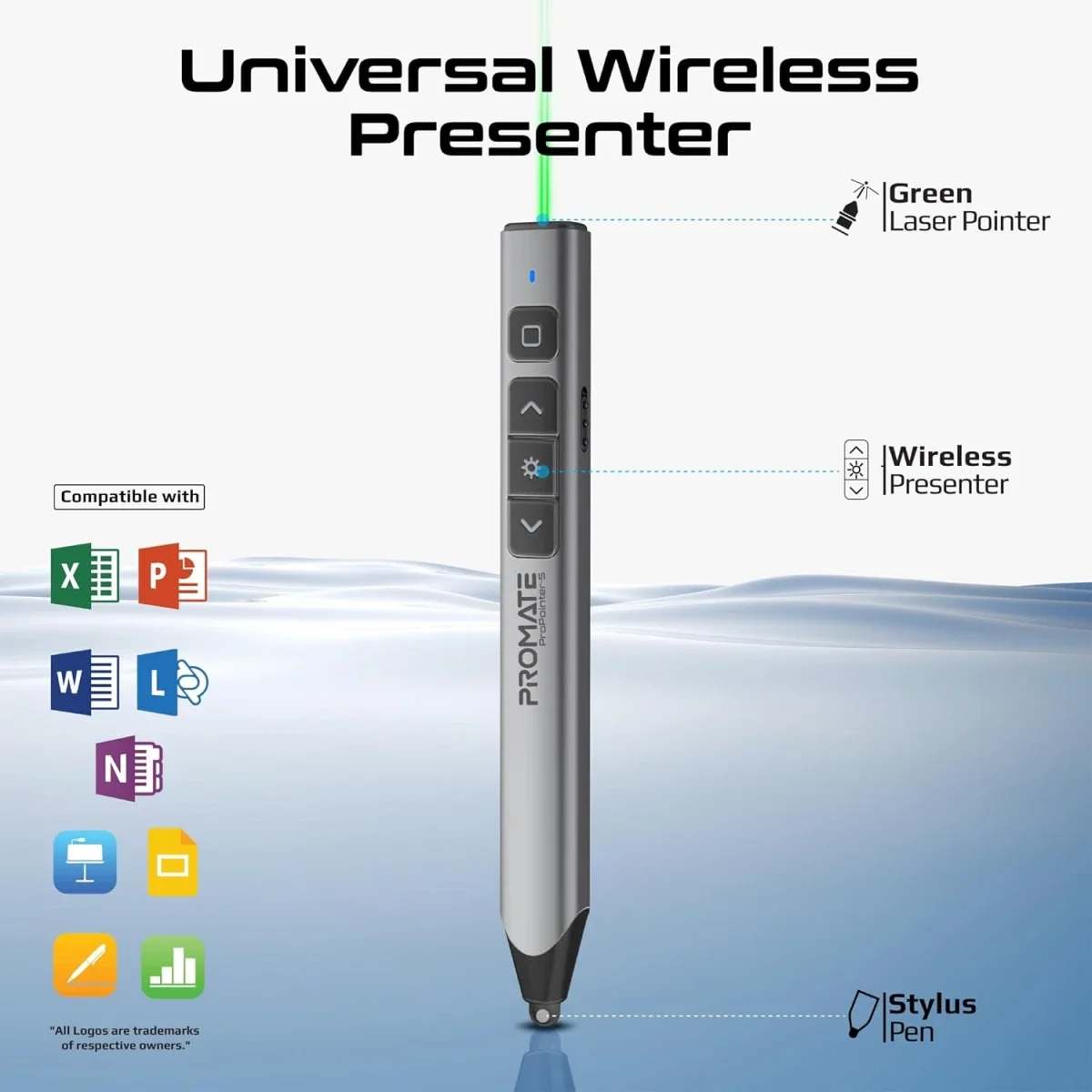 جهاز تحكم بالعروض وقلم ستايلس Promate ProPointer-S لاسلكي بمؤشر ليزر أخضر وتقنية 2.4GHz ومدى 50 متر - أسود - Thumbnail 2