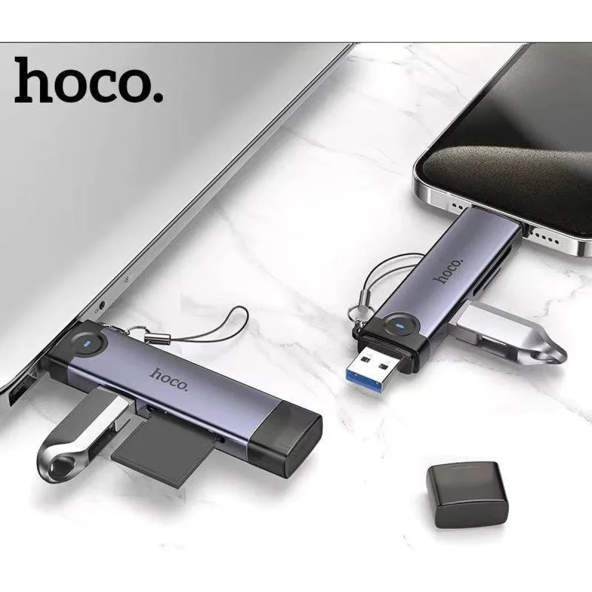 HOCO HB56A Victory 3-in-1 USB-A/iP SD/TF 3.0 Card Reader with USB 2.0 - Metal Grey