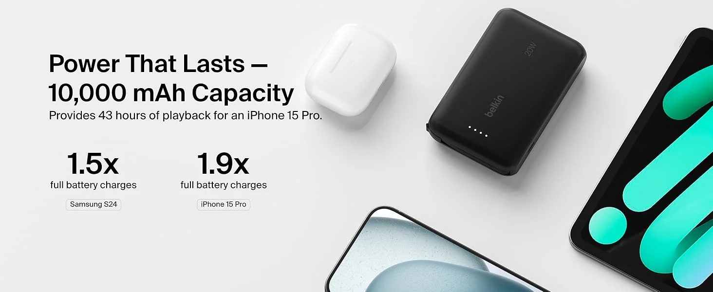 بطارية محمولة Belkin BoostCharge بسعة 10000mAh مع كابل USB-C مدمج وشحن PD بقوة 20W - أسود - Thumbnail 15