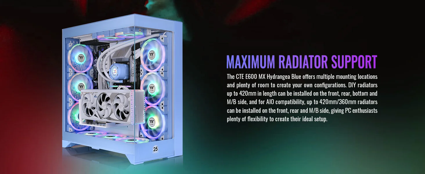 هيكل كمبيوتر Thermaltake CTE E600 MX E-ATX ميد تاور مع حامل بطاقة رسومية عائم ثلاثي الاتجاهات وكابل PCIe 4.0 بطول 400 مم - Hydrangea Blue - Thumbnail 17