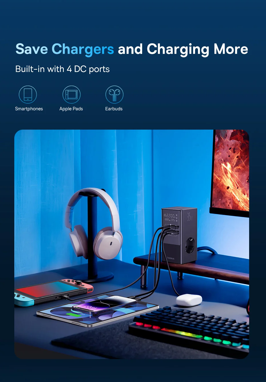 مشترك كهربائي رقمي Baseus PowerCombo Tower بقدرة 35 واط، 3 منافذ AC و2 USB-A و2 USB-C، سلك EU بطول 1.5 متر - أسود - Thumbnail 13