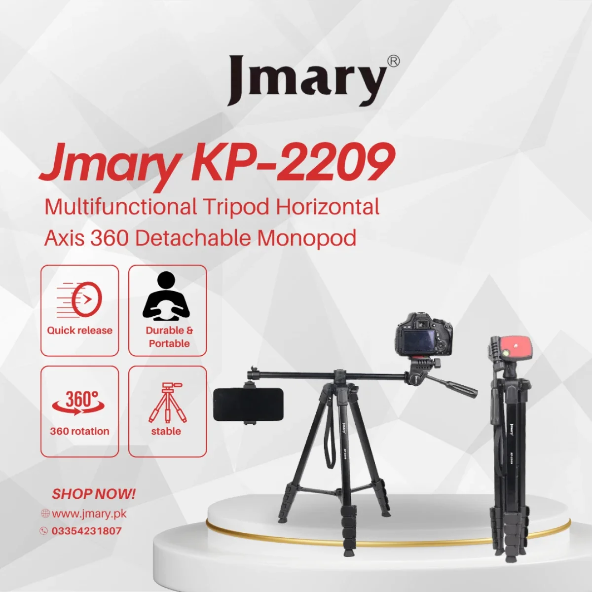 Jmary KP-2209 Multifunctional Tripod with Detachable Monopod and 360° Horizontal Axis