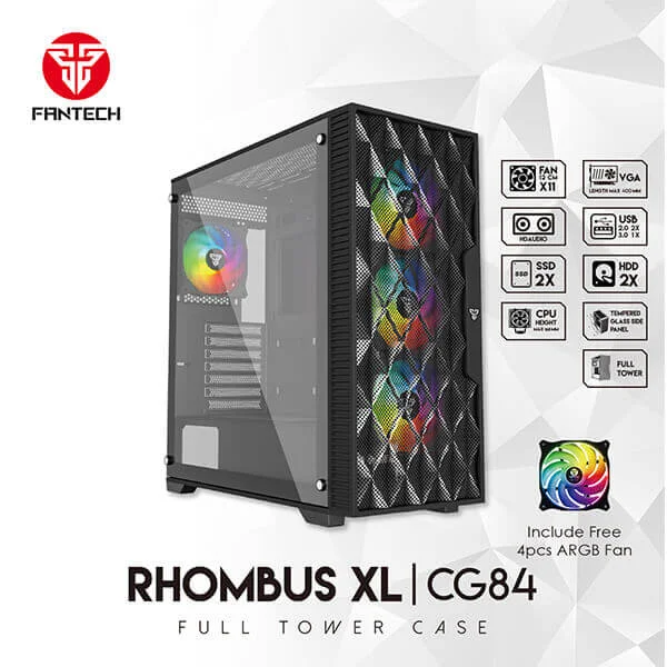 صندوق كمبيوتر Fantech RHOMBUS XL CG84 ميد تاور مع 4 مراوح ARGB - أسود - Thumbnail 2