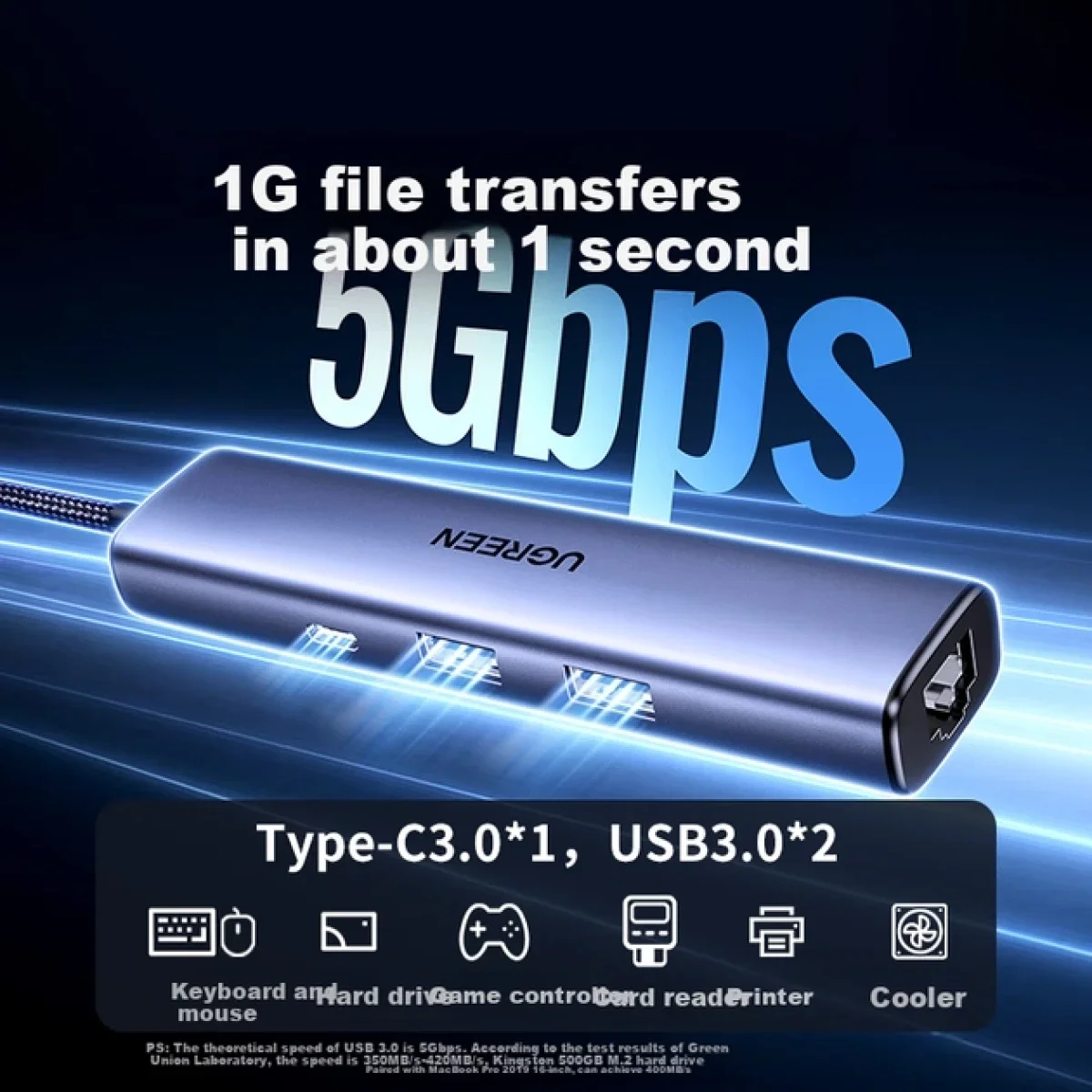 موزع Ugreen CM475 55809 USB-C 4 في 1 مع إيثرنت جيجابت، رمادي - Image 3