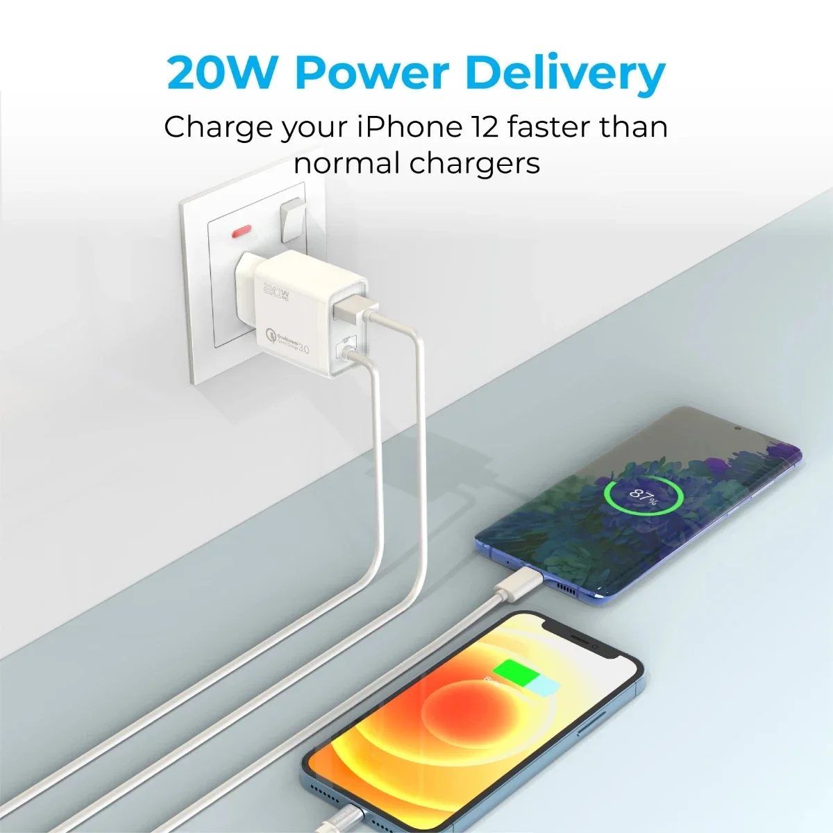شاحن حائط Promate iCharge-PDQC3 سريع 20 واط مع كابل Lightning بطول 1.5 متر ومنفذ USB-A QC 3.0، أبيض - Thumbnail 2