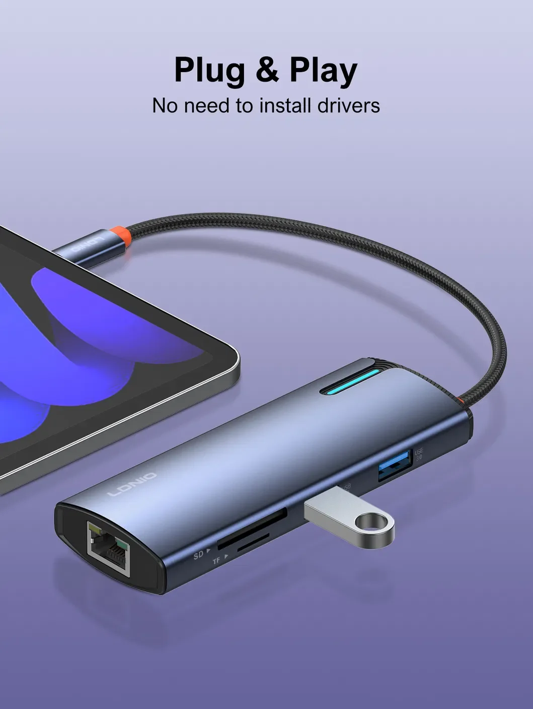 محطة إرساء LDNIO DS-18H ‏8 في 1 بمنفذ USB-C مع 100W PD و4K HDMI وRJ45 وSD/TF - رمادي - Thumbnail 13