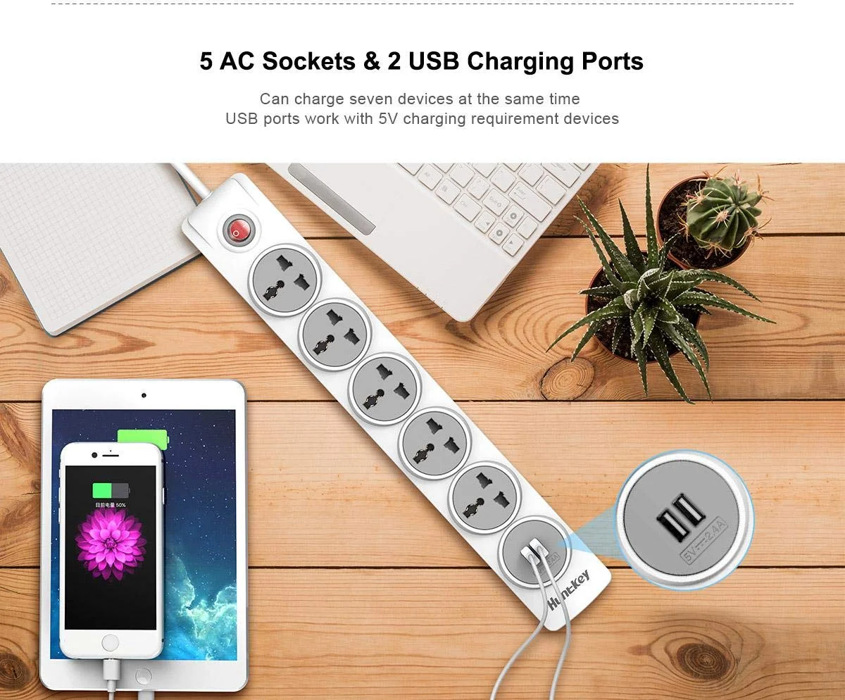 Huntkey SZN 607 Universal Power Strip, 5 Sockets, 2 USB Charging Ports (5V, 2.4A), 3m Cable, Surge Protection, Child-Protective Shutters, White - Thumbnail 4
