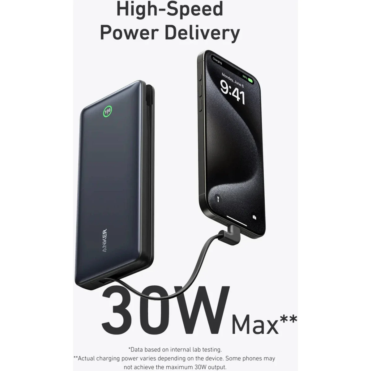 باور بانك Anker Nano بسعة 20000 مللي أمبير ساعة مع كابل USB-C مدمج وشحن سريع 30 واط وشاشة ذكية - أسود - Image 3