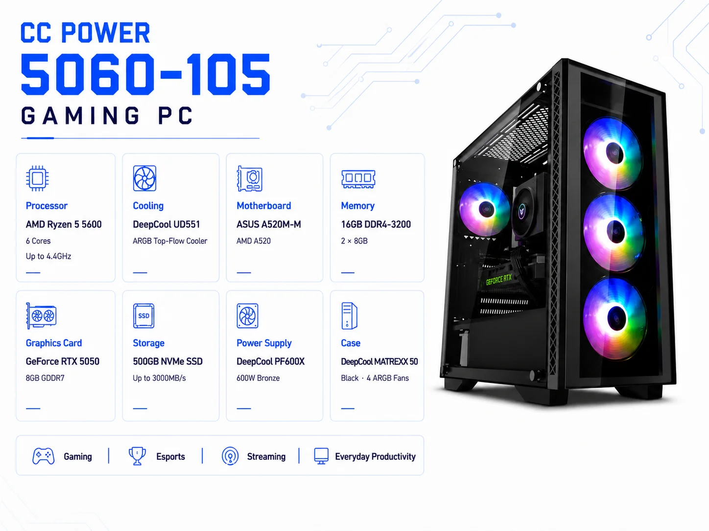 كمبيوتر ألعاب CC POWER 5050-103 بمعالج AMD Ryzen 5 5600 وبطاقة RTX 5050 وذاكرة 16GB وSSD NVMe بسعة 500GB - Thumbnail 2