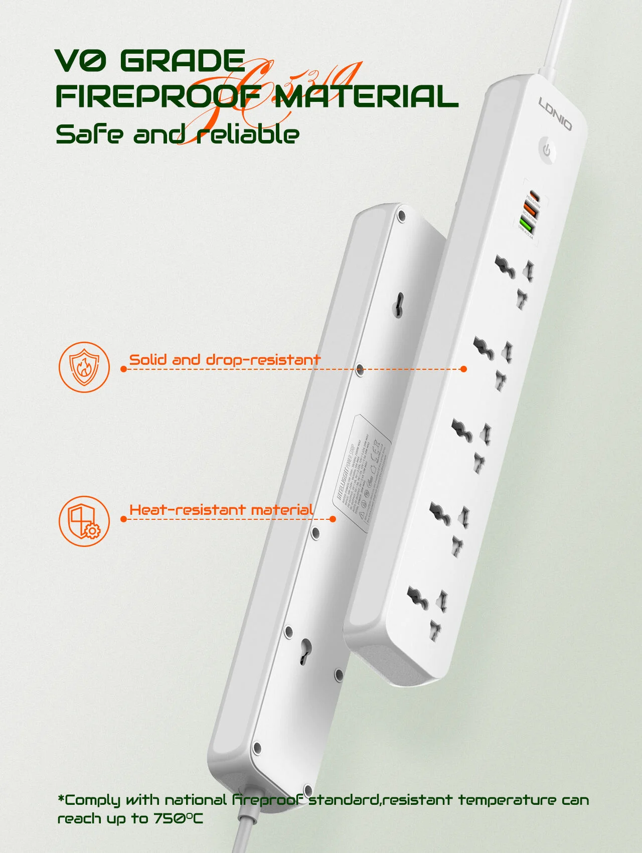 مشترك كهرباء LDNIO SC5319 مع 5 منافذ AC و3 منافذ USB وكابل 2 متر - Thumbnail 8