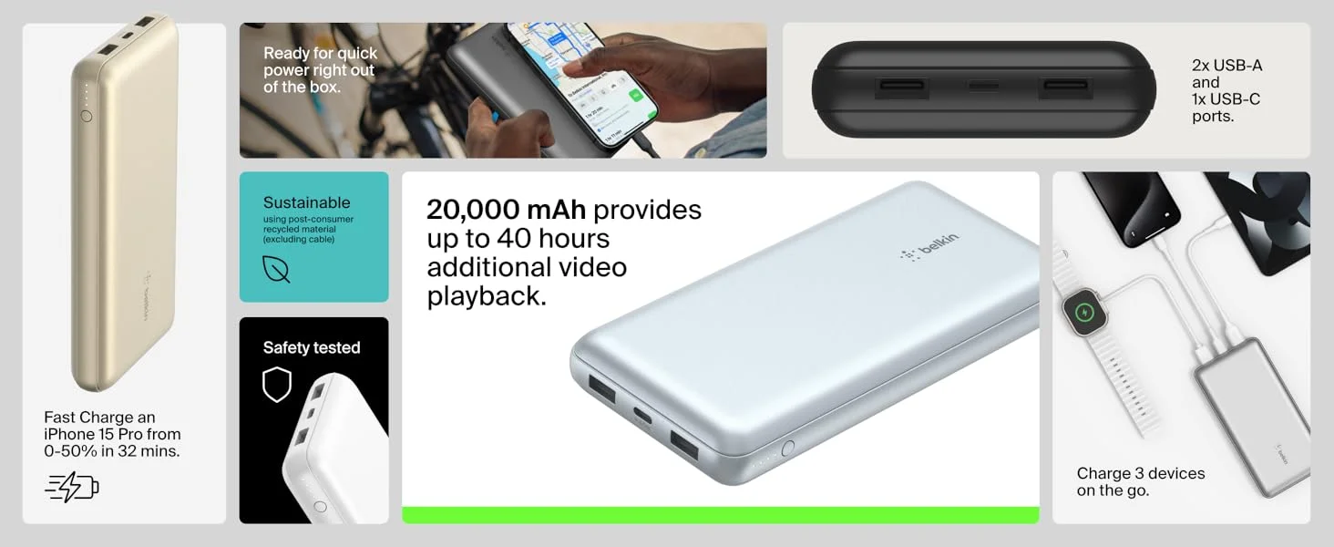 Belkin BPB012BTBK BoostCharge 20,000mAh USB-C Power Bank with 2 USB-A Ports, 15W, Black - Thumbnail 10