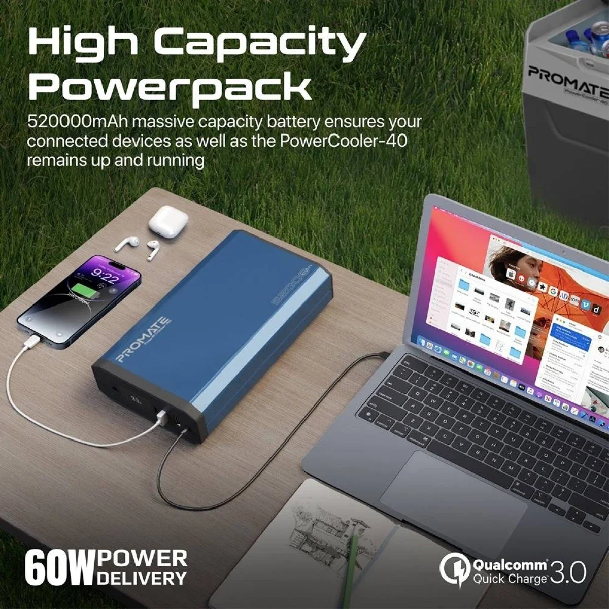 ثلاجة صغيرة محمولة خارجية Promate PowerCooler-40 CoolFast سعة 40 لتر مع حزمة طاقة 52000mAh ومصباح LED، Gray/White - Image 9