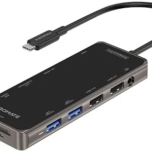 محول متعدد المنافذ USB-C من Promate PrimeHub-Pro 11 في 1 مع 100W PD و4K HDMI وVGA وRJ45 وAUX وSD/TF و4 USB - Thumbnail 9