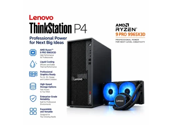 محطة عمل Lenovo ThinkSystem P4 جاهزة للذكاء الاصطناعي بمعالج AMD Ryzen 9 PRO 9965X3D، 16 نواة، حتى 5.5GHz، تبريد سائل متقدم وضمان 3 سنوات - Thumbnail 4