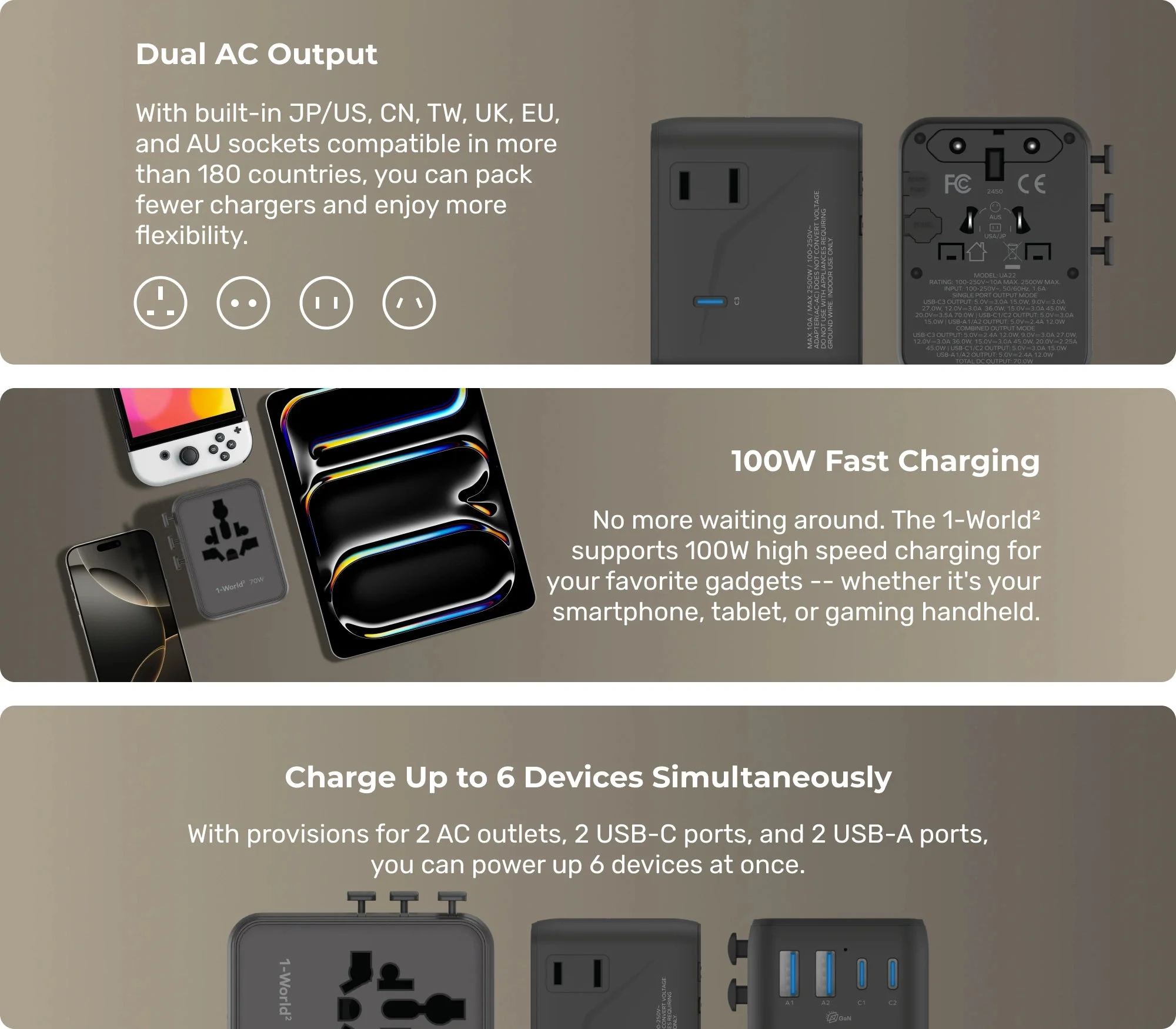 MOMAX 1-World² 70W 5-Port Mini Universal GaN Travel Charger with Dual AC, Desert Titanium - Thumbnail 9