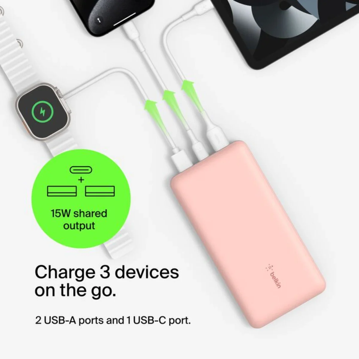 Belkin BoostCharge BPB012BTRG 20,000mAh 15W USB-C Power Bank with 2 USB-A Ports - Pink - Thumbnail 2