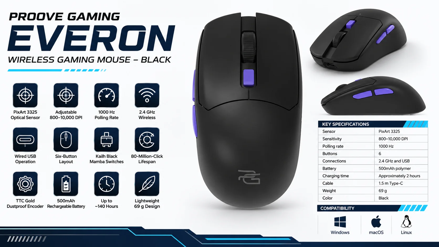 Proove Everon Dual-Mode Wireless Gaming Mouse, 10000 DPI, Black - Thumbnail 9