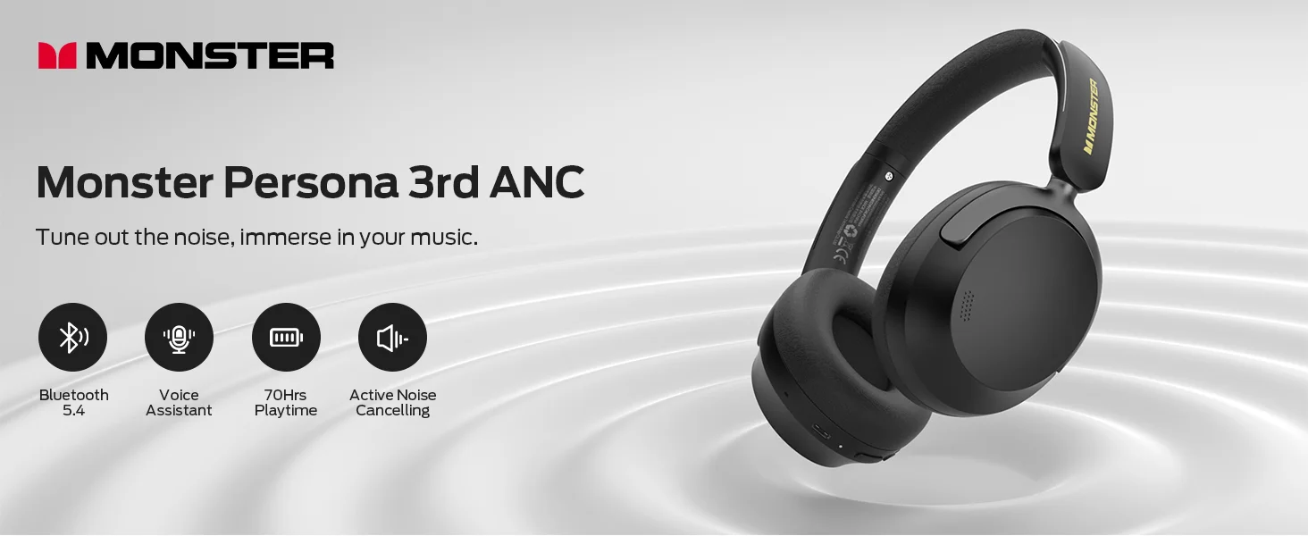 Monster Persona 3rd ANC Wireless Over-Ear Headphones with Mic, 70-Hour Playtime, Black - Thumbnail 8