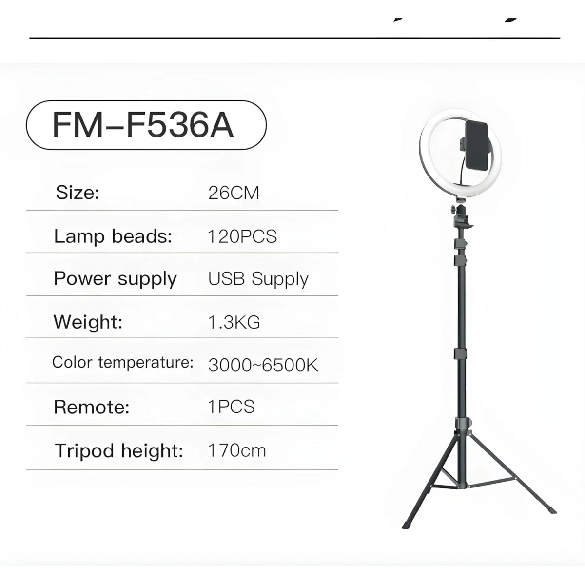 إضاءة حلقية LED Jmary FM-536A مقاس 26 سم مع حامل ثلاثي 170 سم وجهاز تحكم - Image 7