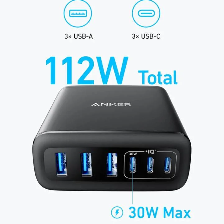 شاحن Anker A2154K11 PowerPort بتقنية GaN بقدرة 112 واط – 3 USB-A و3 USB-C - Thumbnail 4